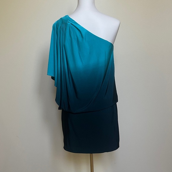 JS Boutique Teal Blue Ombre One Shoulder Draped Mini  -Cocktail Party Dress - Picture 3 of 3
